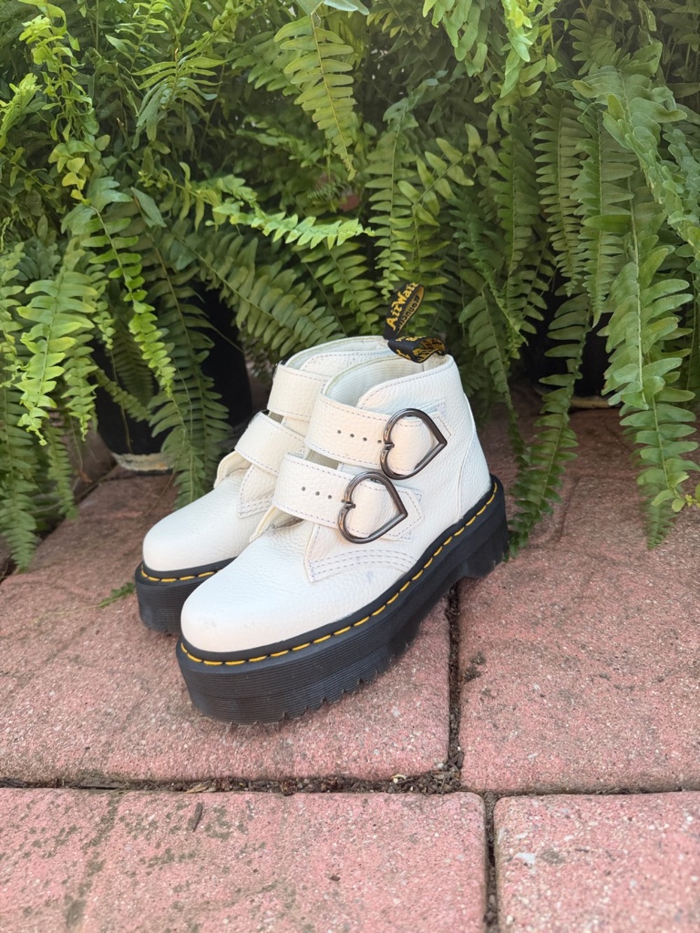 Dr. Martens White Double-Buckle Platform Boots with Yellow Stitching